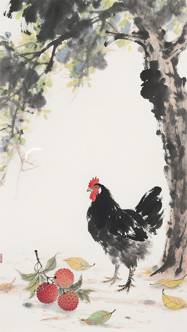 一只黑色雏鸡院子里的树下，色彩柔和，与地上的叶子和掉落的荔枝形成鲜明对比。整体画面宁静清新，展现出夏日自然的美感与禅意。