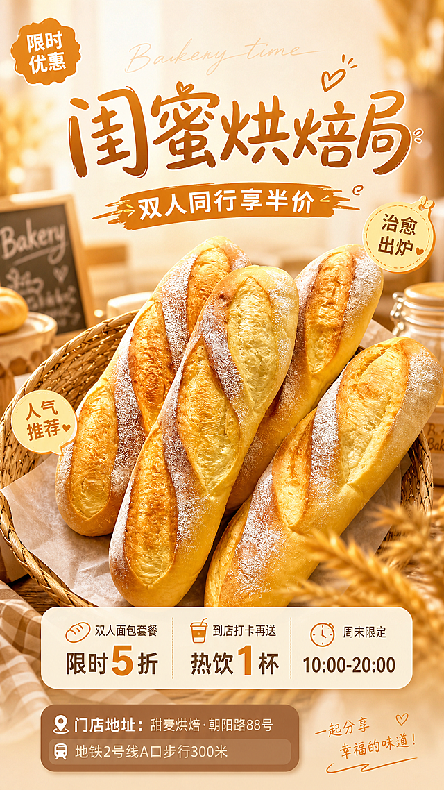 以这张法棍面包为主体，生成一张9:16的面包套餐促销短视频封面海报，调整为暖橙色主色调，更换主题文案为"闺蜜烘焙局 双人同行享半价，添加优惠信息和到店指引，营造温馨治愈的烘焙氛围