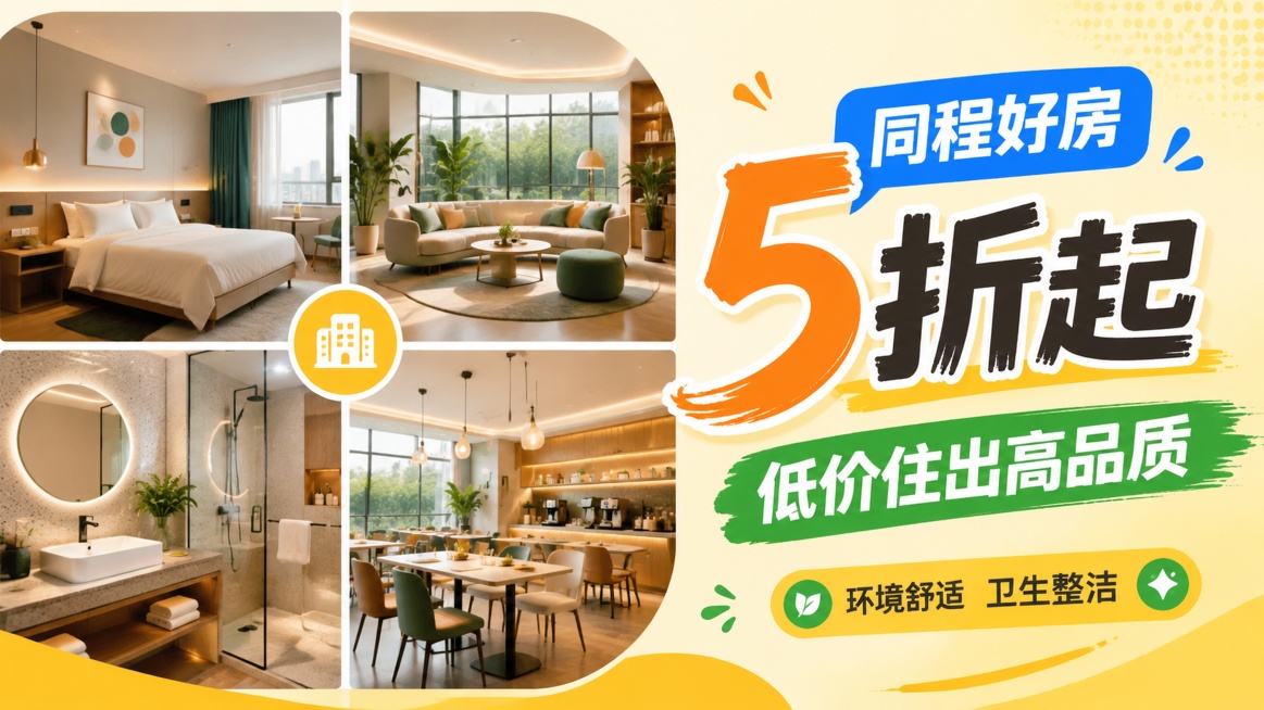请帮我制作出四张不同主题风格的四宫格酒店的信息流海报，[文字]创意字体[文字]创意字体 主标题“同程好房5折起”副标题“低价住出高品质”标签小标题“环境舒适卫生整洁”（文字放在画面中右边）（大师级别的预览效果