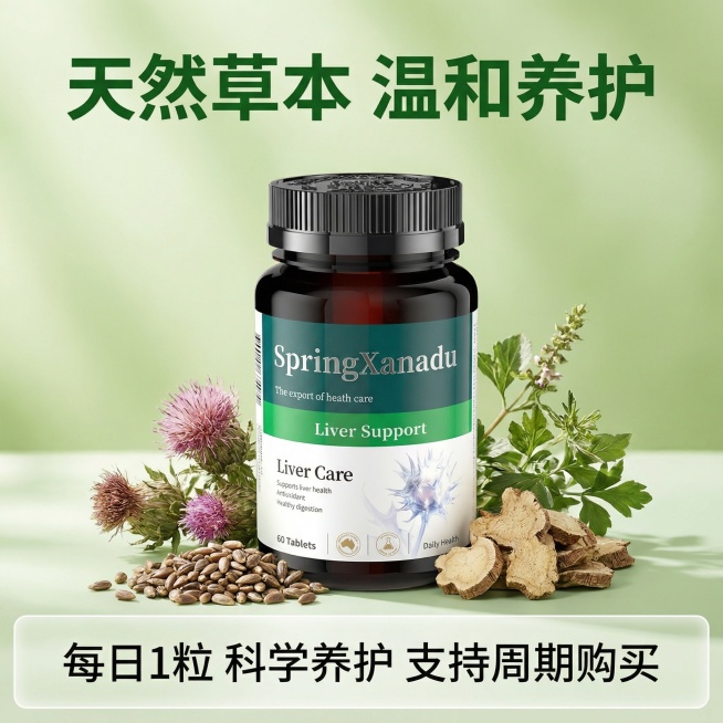 [主图 5] 天然草本成分信任背书图
[氛围风格] 大自然清新草本护肝风格，干净通透
[画面元素] 商业摄影质感、光线柔和通透、产品清晰真实、画面干净高级。护肝瓶身保持原产品外观放置在画面中上位置，瓶预览效果