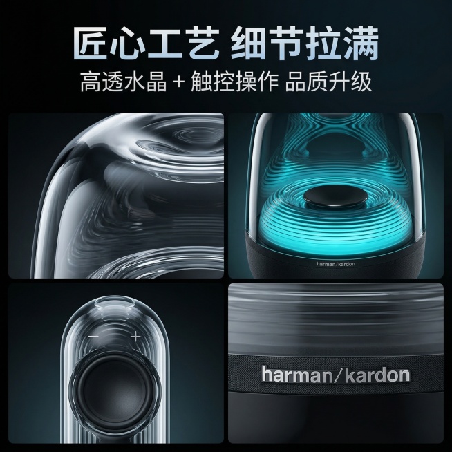 严格还原哈曼卡顿水晶5代音箱三件套所有细节，产品尺寸低音炮约Φ240mm × 高285mm、卫星音箱约Φ90mm × 高280mm，保留包装设计、颜色、LOGO位置、文字内容、图案元素。生成1:1比例预览效果