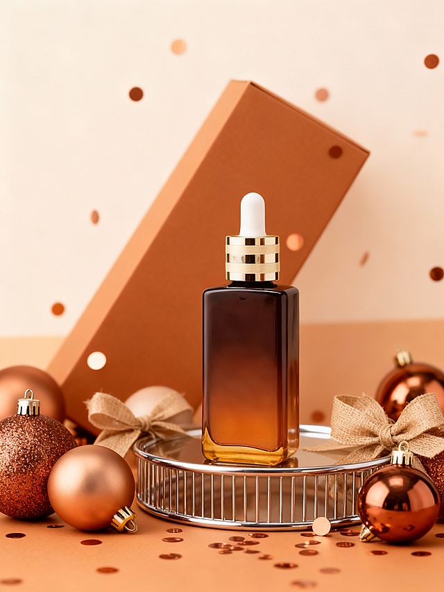 侧视角度拍摄的主体陈列在金属银置物架边缘的特写，整体偏右。背景是哑光焦糖棕礼盒呈错落斜靠在主体后方，突出商品轮廓。周围点缀铜色与浅咖圣诞球，亚麻丝带系成蝴蝶结，飘落细碎铜色圆形亮片（柔和虚化，微光闪烁），背景为浅咖到焦糖棕的上下渐变