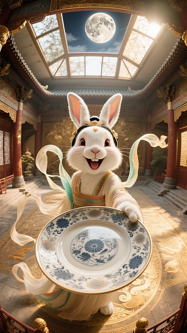俯瞰全景摄影，一只拟人化的有仙气丝带的嫦娥版白兔，脸怼镜头大笑，右手托着巨大的中式花纹的盘子向前伸到镜头前面（居中特写盘子），周围是古代宫殿内部，顶部开天窗可以看到月亮，球形超广角，金色调