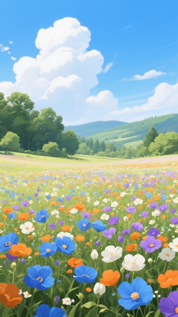 一片色彩绚烂的花海，蓝色、橙色、白色、紫色的花朵铺满整个画面，花朵形态饱满，色彩明亮鲜艳，花海一望无际，远处是茂密的绿色树林和连绵的山丘，天空湛蓝，飘着几朵洁白的云彩，阳光明媚，光线充足，整体呈现出清新、自然、生机勃勃的氛围，画面风格偏向写实的插画风格，细节丰富，色彩和谐。预览效果