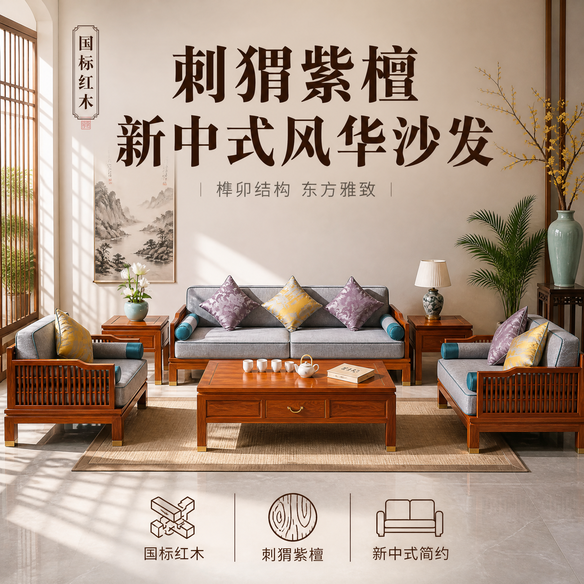 [单张主图] 刺猬紫檀新中式风华沙发 高级氛围感主图 抖音1:… - 图片创意预览