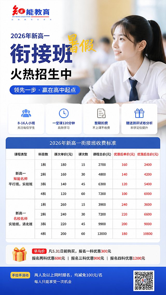 暑假初升高商业营销海报，包含知能教育2026年新高一衔接班收费信息精简信息图元素，高质感配色，f/2.8柔和景深照片写实风格，无畸变，整体设计简洁专业，符合商业招生营销风格