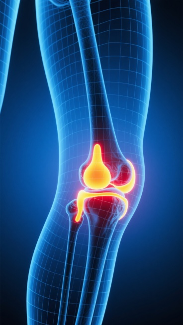 3D医疗解剖学风格的膝盖背景，蓝色半透明网格线条勾勒的人体骨骼结构，膝盖关节处有明亮的黄色和红色高亮发光效果，表现关节疼痛或炎症，深蓝色渐变背景，营造出科技感和医学可视化氛围，光影集中在膝盖部位，突出显示膝关节的骨骼细节和疼痛区域，整体呈现专业、精确的医疗插画风格。预览效果