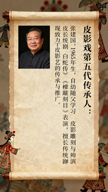古风卷轴样式的皮影传承人介绍图，卷轴展开，左侧放置皮影传承人肖像照片，右侧书写传承人介绍文字，卷轴边缘点缀传统回纹和皮影纹样，整体宣纸质感，中式古典国风，竖版排版预览效果