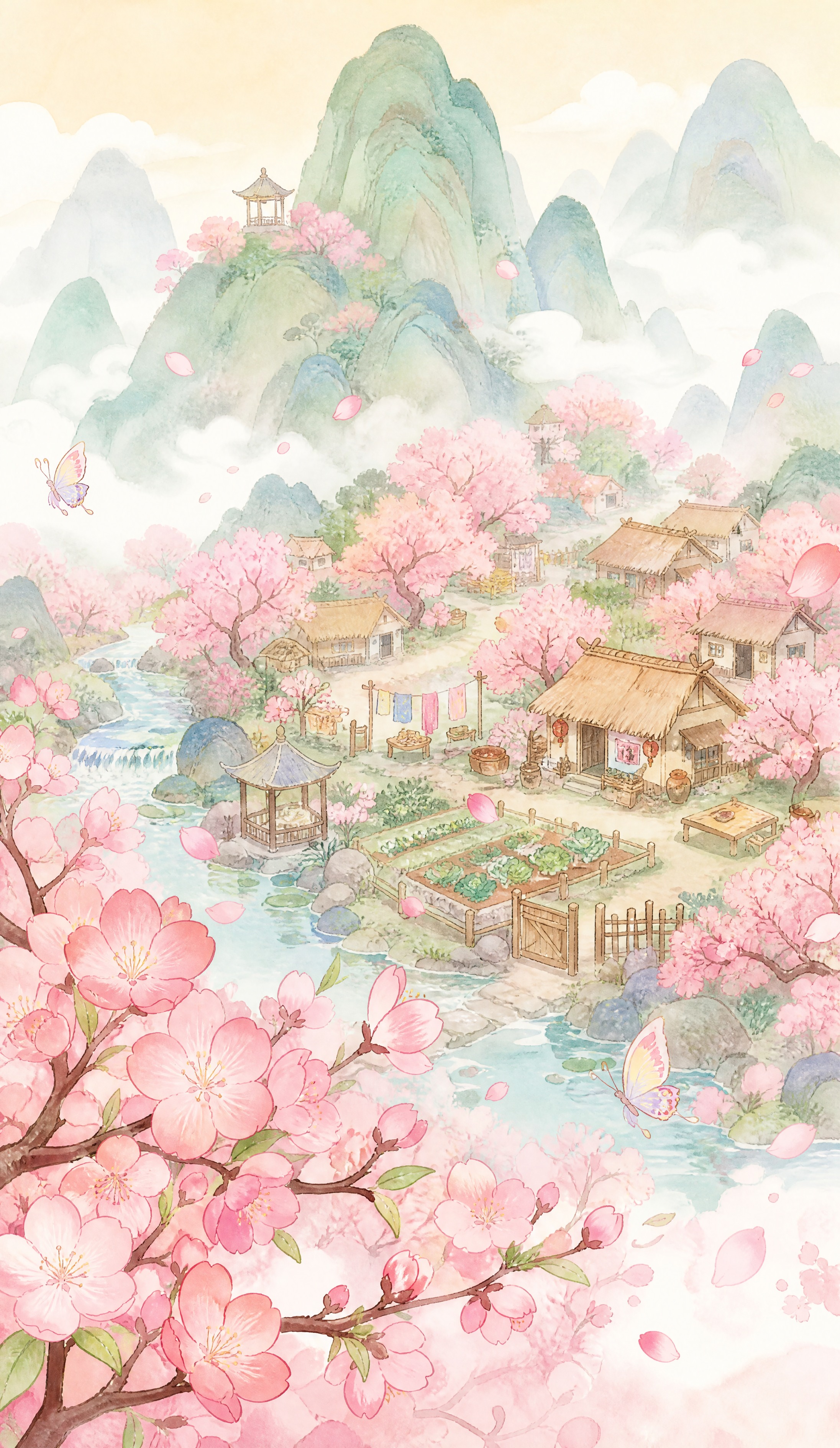 参考图的国风治愈系插画风格，重新生成全新的桃花源山水村落画面。… - 图片创意预览