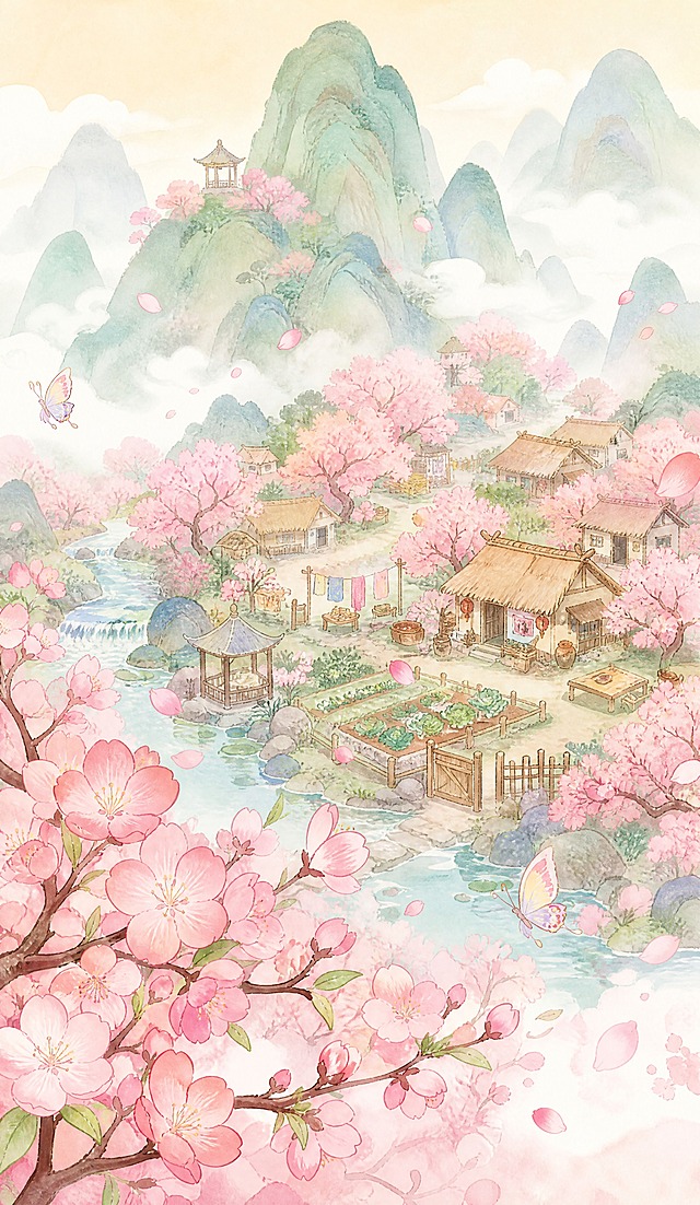 参考图的国风治愈系插画风格，重新生成全新的桃花源山水村落画面。前景是盛放的粉色桃花枝，花瓣飘落，有蝴蝶飞舞；中景是被粉色桃花林环绕的古朴村落，有茅草屋、木栅栏、小亭子、溪流、菜园、晾晒的衣物，充满生活气息；远景是层叠的青绿山水，云雾缭绕，山顶有小亭。整体色调柔和粉嫩，水彩手绘质感，线条细腻，氛围宁静温馨，国风Q版插画风格，高清细腻，适合印刷
