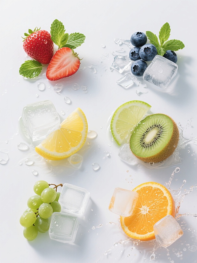 白色纯色背景上，六组具有高度写实主义风格的夏日清凉元素，采用规整的网格状排布。每组元素均保持与薄荷叶、冰块、青柠片相同的超高清摄影质感，强调物体表面的水珠光泽、透明感和光影细节。元素包括：1. 新鲜草莓切片配冰滴与薄荷叶，2. 蓝莓簇与碎裂冰块及薄荷叶，3. 切片黄柠檬与完整冰块及水花，4. 切片猕猴桃与半融化冰块及水滴，5. 青提串与方形冰块及水珠，6. 切片橙子与圆形冰块及飞溅水花。所有元素色彩鲜亮，主体突出，边缘清晰，具有强烈的立体感和清凉氛围，整体构图平衡且信息传达高效。