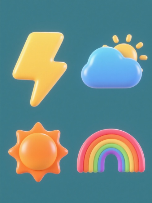 软3D风格天气图标系列，纯色背景，四个规整排布的不同元素内容，包括黄色闪电图标、蓝色阴天图标、橙色太阳图标、彩色彩虹图标，每个图标都具有光滑的曲面、鲜明的渐变色彩、清晰的边缘高光和柔和阴影，整体呈现出统一的圆润立体造型和明快活泼的视觉效果。预览效果