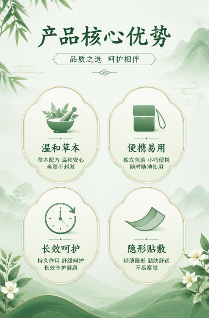 产品核心优势卖点图，四个卖点图标排版，国风设计，每个卖点配简单图标，分别为'温和草本'、'便携易用'、'长效呵护'、'隐形贴敷'，绿色为主色调，整体干净清晰，适合详情页排版预览效果