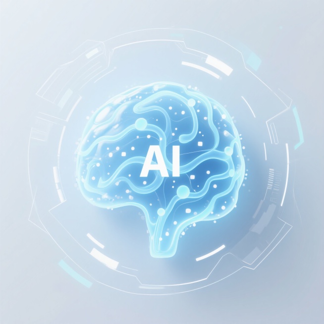 一张科技感AI海报，白色浅色渐变背景，淡蓝色科技主题色，中央有抽象的AI神经网络图形，呈现淡蓝色光效，点缀流动的粒子效果，边缘有几何线条环绕，整体简洁明亮充满未来感和科技氛围预览效果