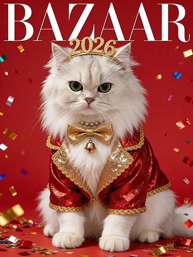 主体是图中宠物，居中构图聚焦宠物主体，换上红金闪丝跨年外套，搭配金色镶边领结，头戴带 “2026” 字样的金色新年发箍，颈间挂着小铃铛串；背景为正红色，加入彩色纸屑如星雨般从画面四周散落，交织着金红相间的闪光碎片，上方刊头设为 “BAZAAR”。