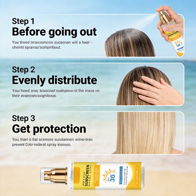 [主图-3] Hair & Scalp Sunscreen Spray how to use step by step guide. Consistent seaside beach blurred预览效果