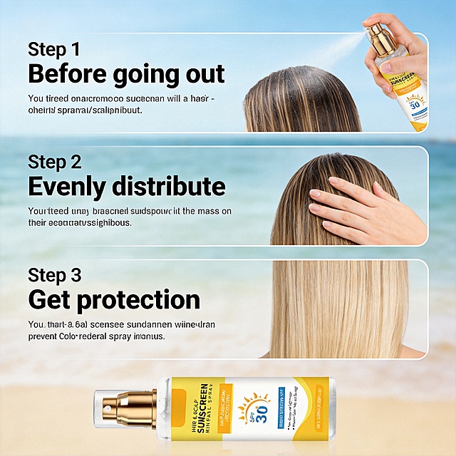 [主图-3] Hair & Scalp Sunscreen Spray how to use step by step guide. Consistent seaside beach blurred background, unified style with the first image. Vertical three-step layout, each step with clear small picture and text description: Step 1: "Before going out", shows a close-up of holding the spray bottle and spraying to hair and scalp. Step 2: "Evenly distribute", shows gently massaging the scalp with fingers. Step 3: "Get protection", shows the finished look of smooth protected hair. The product spray bottle is displayed at the bottom of the three steps. Keep the product appearance consistent with the original input image. [Atmosphere] Clear simple guide style. [Image quality] Clear picture, clean layout, each step is clearly distinguishable. [Lighting] Soft natural light consistent with the whole set. [Color] Same seaside color scheme with the previous images, unified style. [Text] All English, each step title is larger and bold, description is smaller, high contrast and easy to read. [Proportion] 1:1 2k resolution. [Negative prompt] Deformation, watermark, text confusion, product blurry, Chinese characters