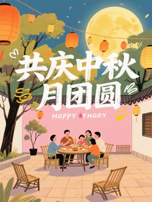 摄影风，庭院、休闲桌椅、家人团聚，标题为白色文字“共庆中秋月团圆”，粉笔笔触，文字周围涂鸦元素点缀预览效果