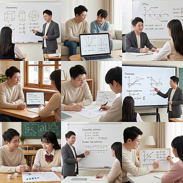 帮我生成关于高中数学的九宫格图片，要有老师和学生，老师的脸帮我设计成这张图片的，学生是中国人，场景是教室、家里、办公室、咖啡厅等，帮我生成20张