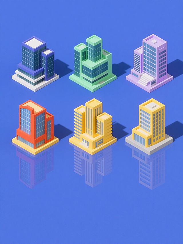 一组由6个不同造型的现代城市建筑群组成的系列素材集合，每个建筑造型保持原有的现代简约风格和玻璃幕墙、几何形态特征，整体色彩分别变换为深蓝、翠绿、橙红、明黄、浅紫、灰蓝的纯色背景，建筑群下方带有清晰的倒影效果，6个元素规整地横向等距排布，保持统一的视觉层级和信息传达效率，设计感简洁明快，适合作为城市主题的系列宣传素材。