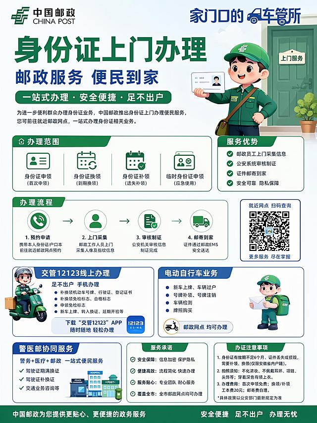 将这五张中国邮政业务宣传图整合为一张3:4的海报，删除重复内容，将身份证上门办理业务放在主要位置，分配更多宣传篇幅，同时保留警医邮业务和电动车业务的宣传篇幅，保持中国邮政绿白蓝的品牌配色，整体排版清晰整洁