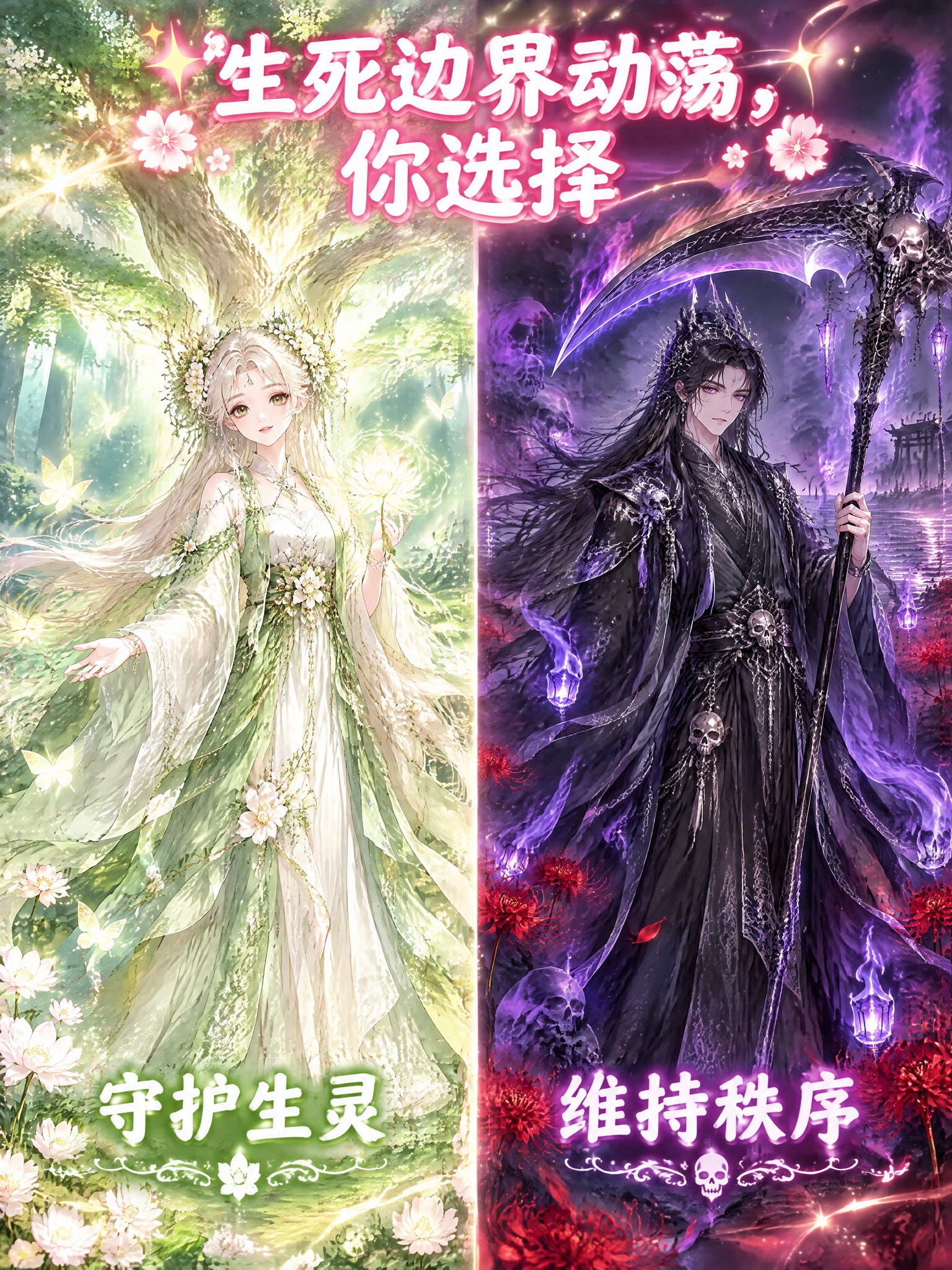 参考图的画风和左右分屏选择构图，顶部标题文字改为"生死边界动荡… - 图片创意预览