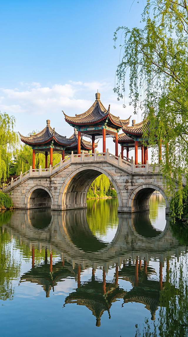 扬州瘦西湖五亭桥特写，竖版构图，地标建筑占据画面主体，五亭桥近景特写，石桥精致纹理，五座飞檐亭子细节清晰，湖面倒影，垂柳环绕，清晨柔和光线，蓝天白云，风景摄影，高清画质，细节丰富，色彩自然，无任何文字