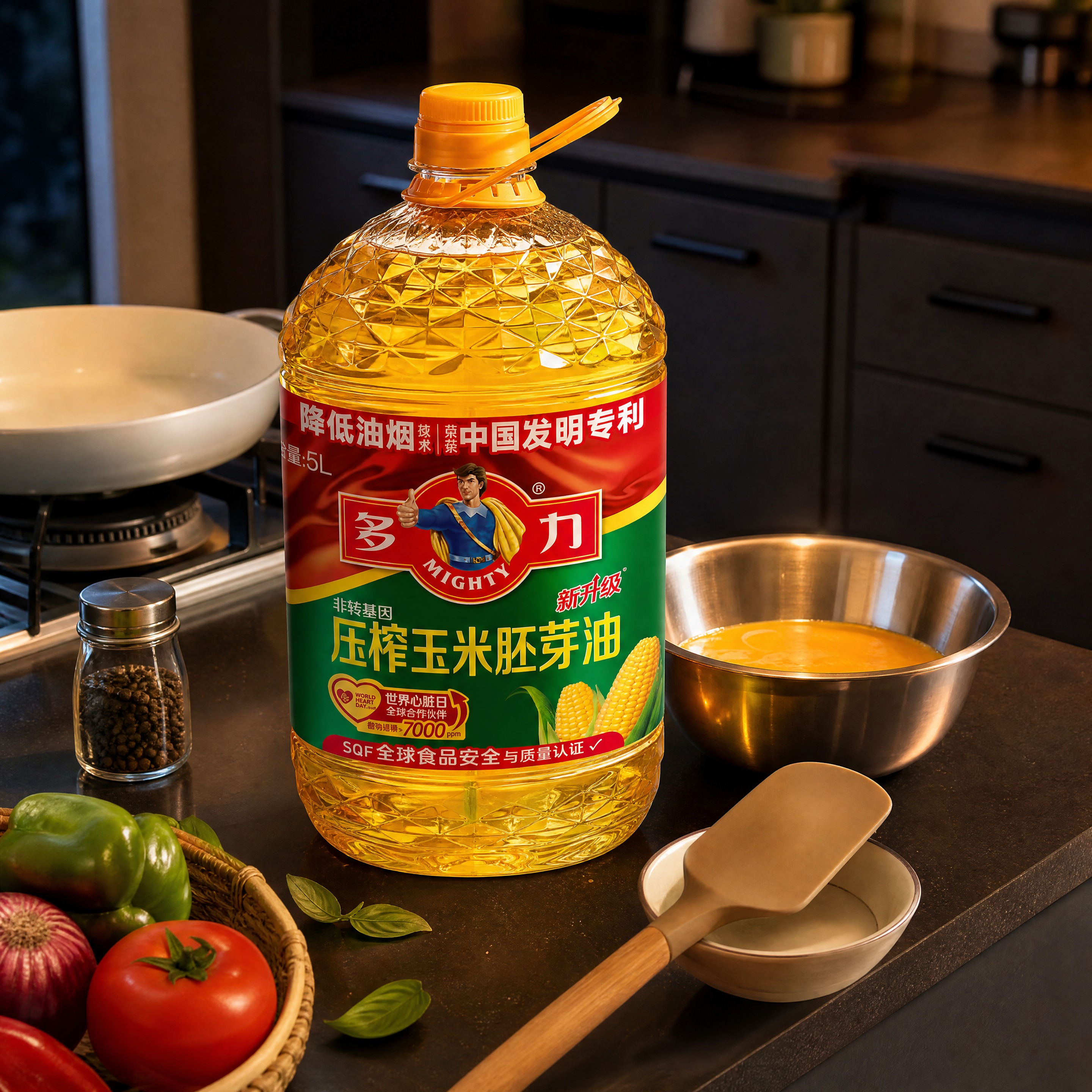 超写实食品商业摄影。 主体：5L装玉米油桶严格参照上传产品图，… - 图片创意预览