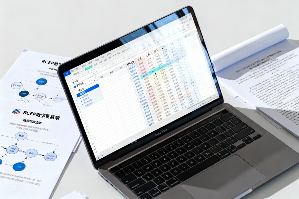 MacBook屏幕上展示Excel表格界面：左侧筛选栏勾选“数字贸易”“博士点”，右侧表格自动高亮对外经贸、上外、辽大等院校。旁边散落着《RCEP数字贸易章》、数据跨境流动流程图、导师论文打印稿——专预览效果