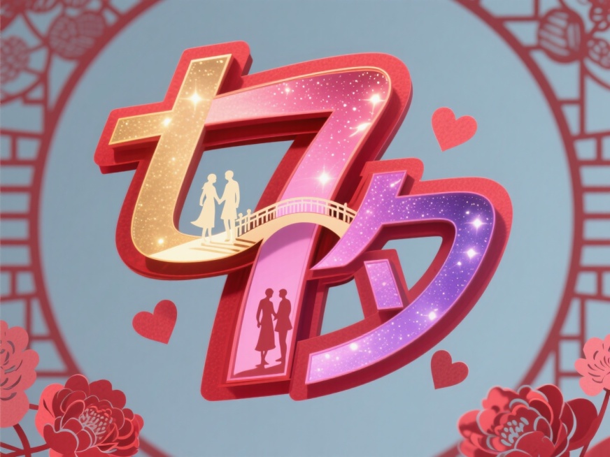 字体为多层朱红剪纸风格，“七”字切割出鹊桥廊道，“夕”字套叠银河剪影，每层透出不同色光（金/粉/紫），旋转时显现牵手情侣剪影，漂浮的爱心剪纸与背景牡丹窗花构成光影迷宫，纯色背景，颜色干净预览效果