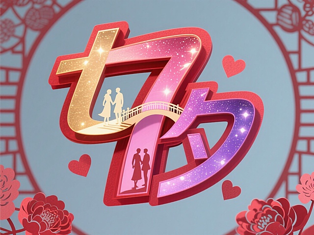 浪漫梦幻的插画风设计，大字“七夕”融入剪纸元素，甜美情侣剪影点缀，节日氛围浓厚。