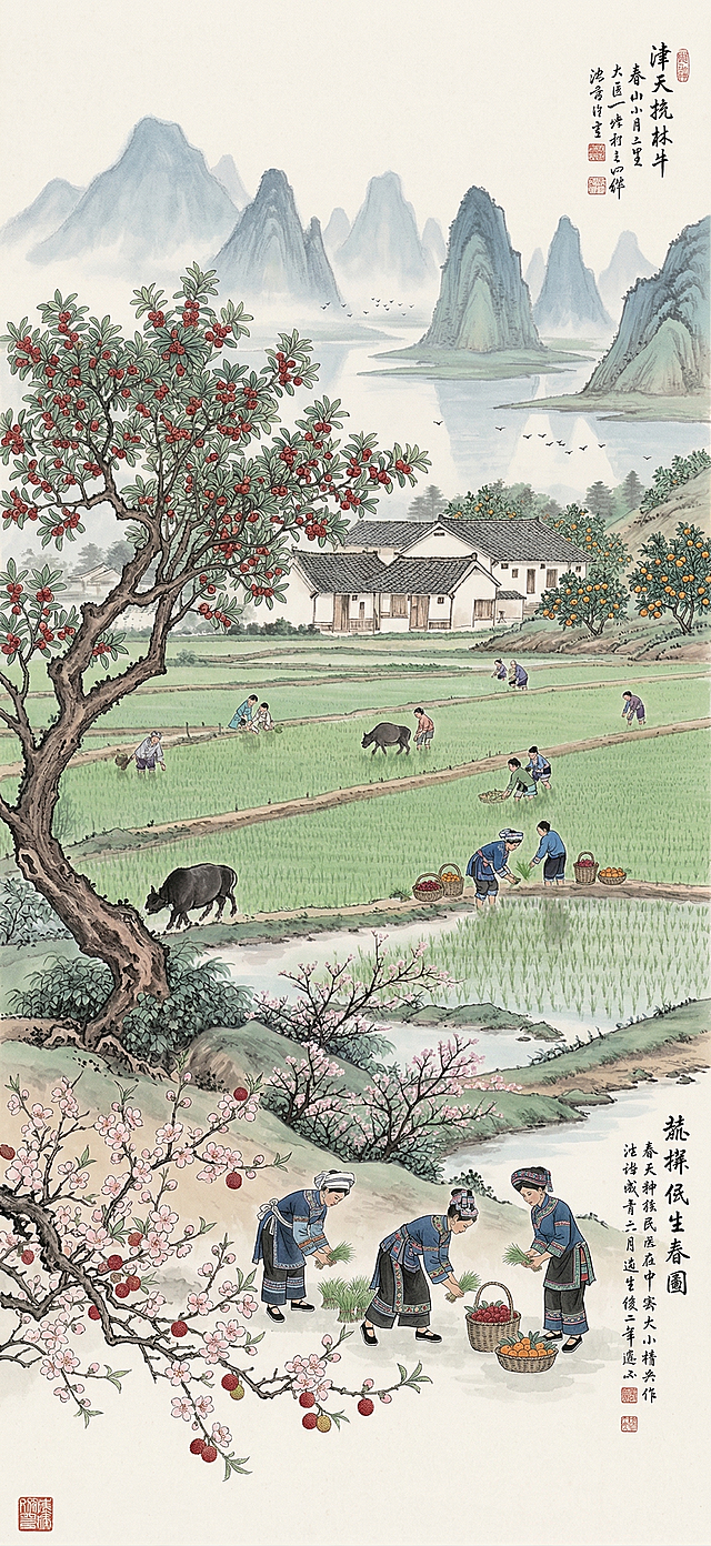 国画风格，少数民族布依族劳动主题，春耕插秧的田野画面，融入罗甸特色水果杨梅、脐橙，背景参考罗甸大小井景点的山水风貌，画面整体为工笔国画质感，色彩淡雅清新，构图层次丰富，保留写意留白的国画韵味，细节生动自然。