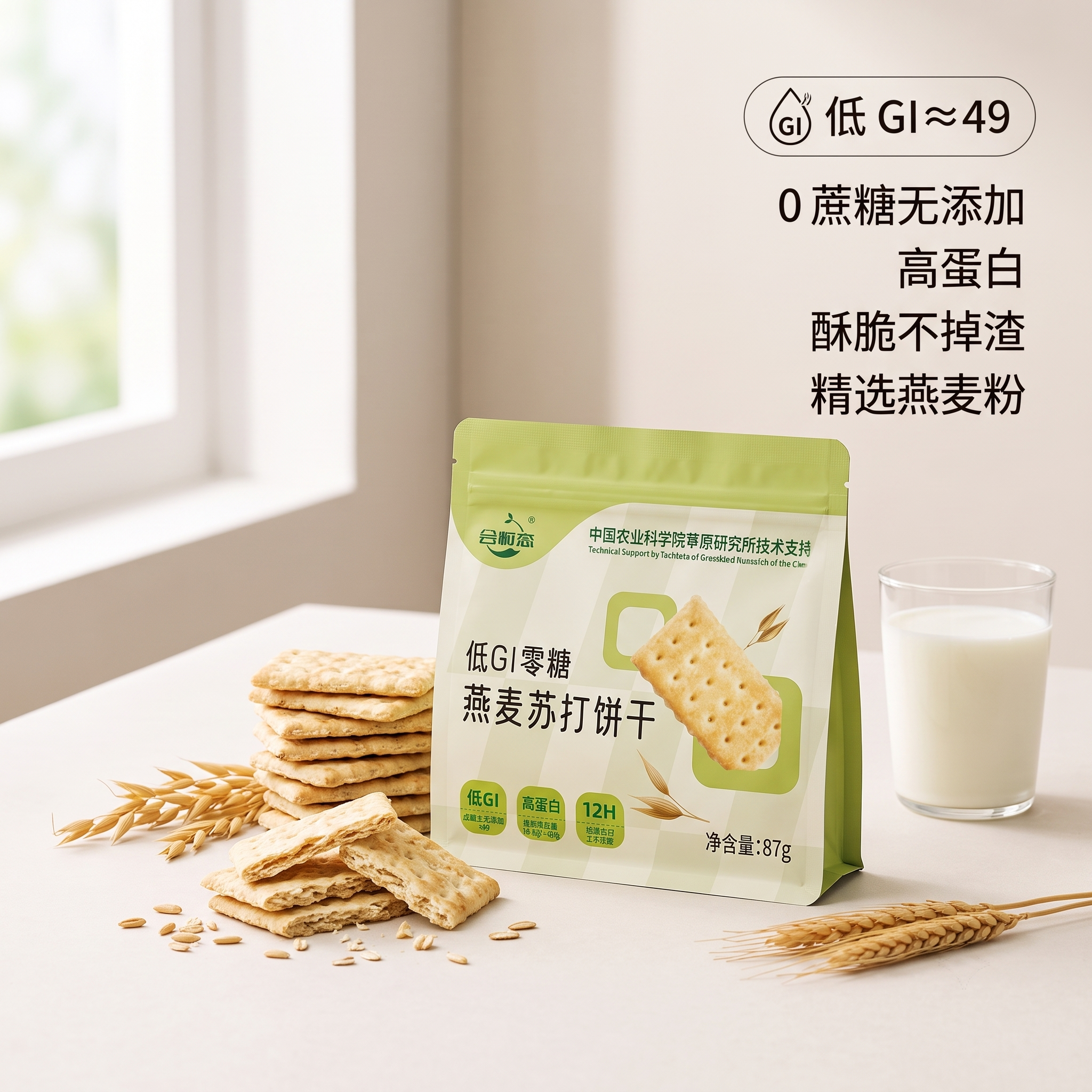 燕麦苏打饼干电商1:1主图，极简浅米色哑光桌面，柔和窗边自然光… - 图片创意预览