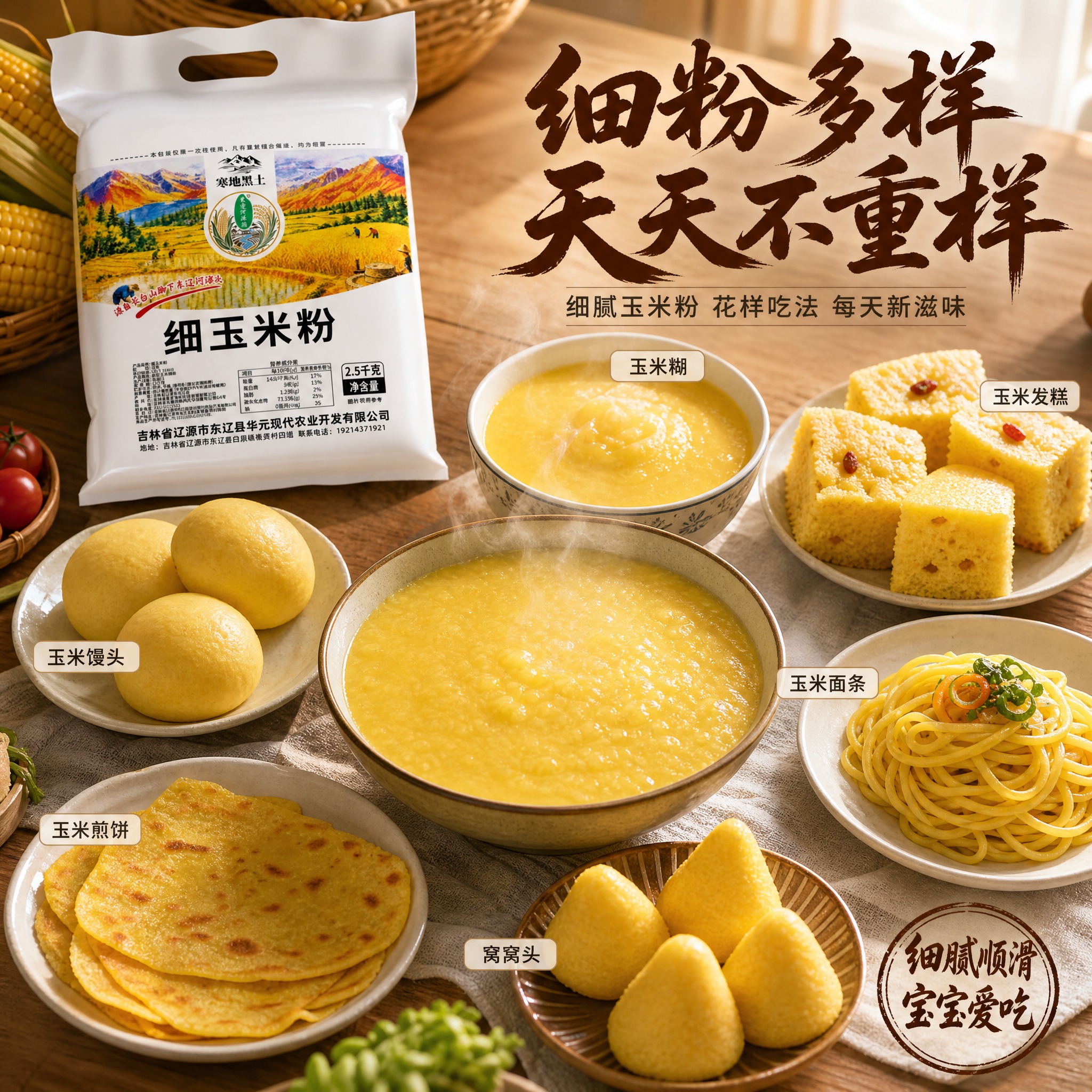 [主图-5 细玉米粉] 食用场景图 展示细玉米面多种细腻做法与… - 图片创意预览