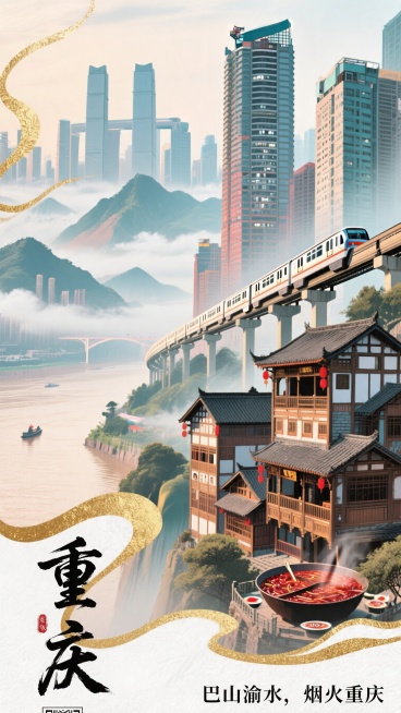 竖版重庆城市宣传海报，高端国潮风格，写实数字绘景与水墨光影融合，电影级光影，高细节，商业海报排版。画面主体：前景为洪崖洞传统巴渝吊脚楼建筑，中景是穿楼而过的李子坝轻轨与现代重庆天际线，远景是云雾缭绕的预览效果