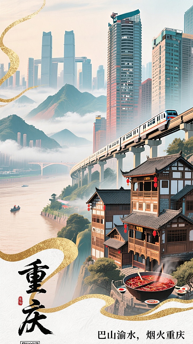竖版重庆城市宣传海报，高端国潮风格，写实数字绘景与水墨光影融合，电影级光影，高细节，商业海报排版。画面主体：前景为洪崖洞传统巴渝吊脚楼建筑，中景是穿楼而过的李子坝轻轨与现代重庆天际线，远景是云雾缭绕的山城群山与长江，左下角搭配书法大字"重庆"，右下角配有宣传语"巴山渝水，烟火重庆"。融合重庆最具辨识度的文化符号：吊脚楼、红岩精神、火锅文化元素融入细节，体现山城山水之城的地理特色，现代产业与开放创新的城市精神，呈现浓郁的巴渝文化与国际化发展气质，避免通用拼贴，无大量小字，高端质感不廉价，9:16竖版构图。