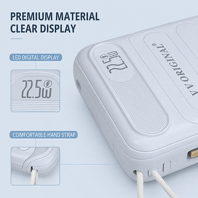[Main Image 4] Portable Power Bank fourth image, detail close-up. Keep product 100% original. Close-up of LED digital display and body texture, two small detail windows for hand strap and side button. Light blue low saturation background. All English text: 'PREMIUM MATERIAL CLEAR DISPLAY', 'LED DIGITAL DISPLAY', 'COMFORTABLE HAND STRAP'. 1:1 2K, no Chinese.