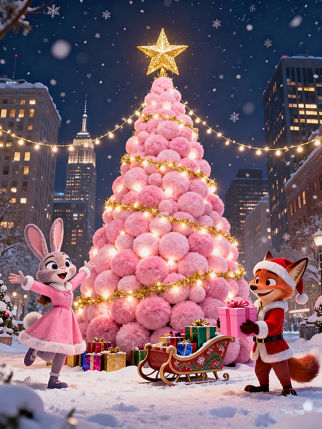 梦幻软3D风圣诞场景，拟人化动物主角环绕毛绒膨胀感粉色圣诞树，灯光闪烁，雪夜城市背景，喜庆卡通氛围浓厚。