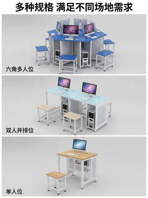 [主图 4] 多种规格款式空间适配展示。
[氛围风格] 清晰展示，直观对比；
[画质] 商业摄影质感、光线柔和通透、产品清晰真实、画面干净高级。
[元素] 三格拼图排版，从上到下依次展示六角多人款、双预览效果