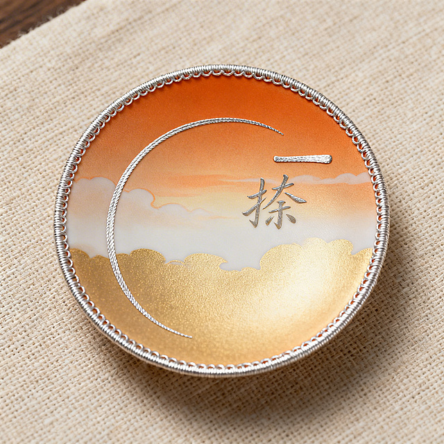 中国风新中式圆形含鄱云春茶托，边缘银丝钩边。底色淡金橙渐变，如晨曦浸染云海。纹样仅两笔银丝：一道弧线如书法“捺”画，起笔重、收笔轻；末端一短横如“点”。92%大面积留白，如宋式文人画。背景浅米色麻布，俯拍，柔光，东方诗意，8K，超高清。