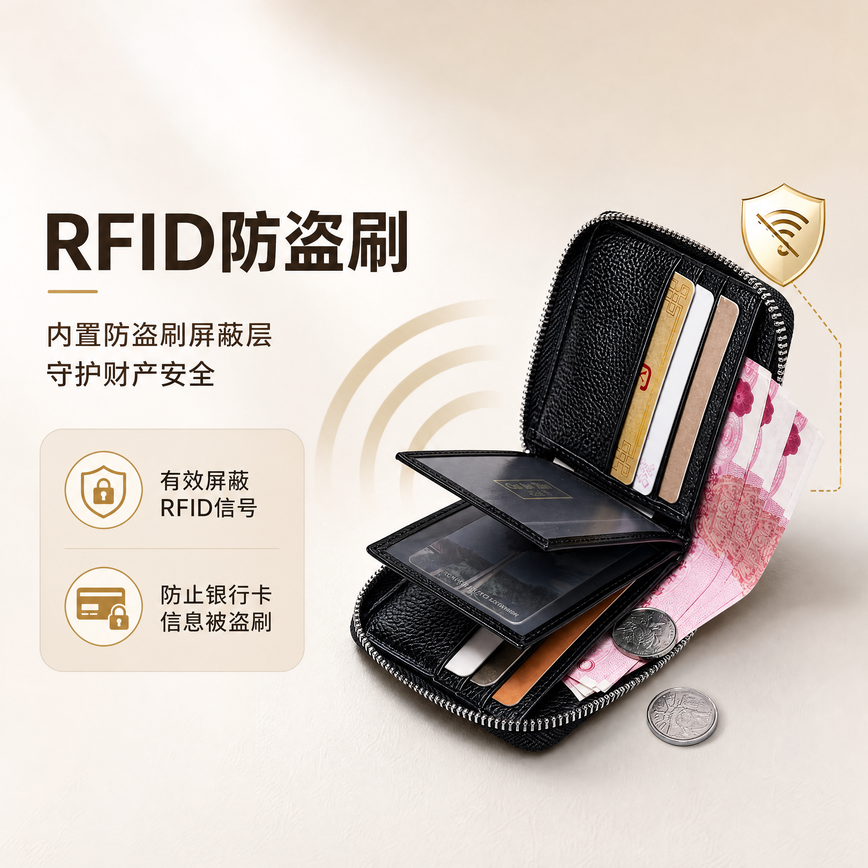 [商品] 使用【图9】黑色短款拉链钱包打开状态；商品处理：保留… - 图片创意预览