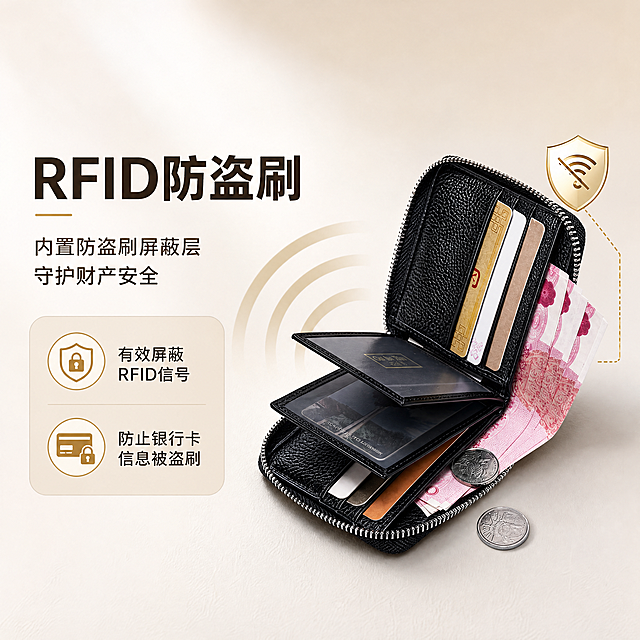[商品] 使用【图9】黑色短款拉链钱包打开状态；商品处理：保留方形短款结构、荔枝纹头层牛皮、金属拉链、内部卡位、颜色和比例；增强皮纹质感和五金光泽。
[画面] 目标：RFID防盗刷功能说明页。构图：左文右图，左侧文字区约45%，右侧产品区约55%；主体位置：画面右侧，钱包打开插着卡片，旁边有信号屏蔽波纹示意；主体占比约50%；摆放角度：45度俯视角；景别：中景；阅读动线：左侧大标题→功能说明→右侧产品+示意；前中后景：前景白色桌面、中景钱包+卡片+防盗刷示意图形、后景纯白渐变；场景：简洁干净的浅灰渐变背景，突出功能示意。
[视觉] 套系策略：风格=简约高级商务休闲质感商业摄影；标题字=现代简约无衬线粗体；正文字=简洁无衬线体；主色=深棕暖调；背景延展=基于深棕暖调做深浅层级、同色渐变和细腻木纹/纸张质感；强调色=暖金色，仅用于小面积图标、引线和标签；标题色=深炭棕；正文色=中暖灰；组件=圆角浅棕信息卡、细线引线；光影=正面柔光，干净利落。
[文字] 左侧主标题"RFID防盗刷"，副标题"内置防盗刷屏蔽层 守护财产安全"，下方2个说明点：「有效屏蔽RFID信号」「防止银行卡信息被盗刷」；右侧钱包旁加简约盾牌+信号屏蔽示意图形；文字不遮挡钱包主体。
[规格] 图片比例1:1方形，4K，避免变形、错字、文字过小、冷蓝/蓝灰背景、钱包颜色改变、版型失真、极限词、虚假宣传。