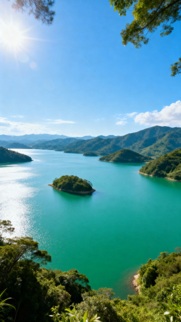 万绿湖自然风景小红书笔记主图，湛蓝天空下一望无际碧绿湖水，岛屿点缀在湖面，四周青山环绕，阳光明媚空气清新，清新治愈自然风，构图饱满适合作为封面预览效果