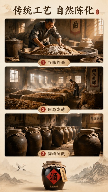 [第4屏] 散装武当原浆白酒传统酿造工艺展示屏。
[氛围/风格] 传统手工氛围，古朴作坊场景，温暖自然光影，真实有烟火气。
[元素布局] 三图纵向排版，从上到下依次展示：1.谷物拌曲 2.固态发酵 3预览效果