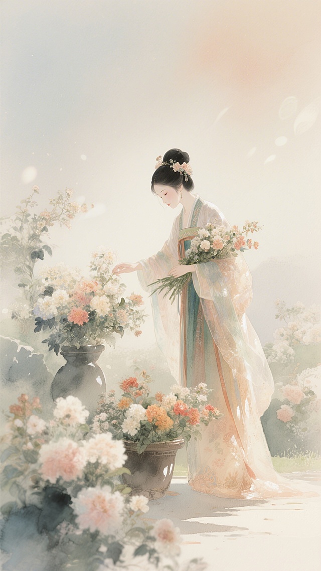 中国古风花艺师在中式花园里采花，周围花团锦簇围绕，暖色调，画面朦胧清新有美感，身着华丽古风服饰，湿画法淡彩风格