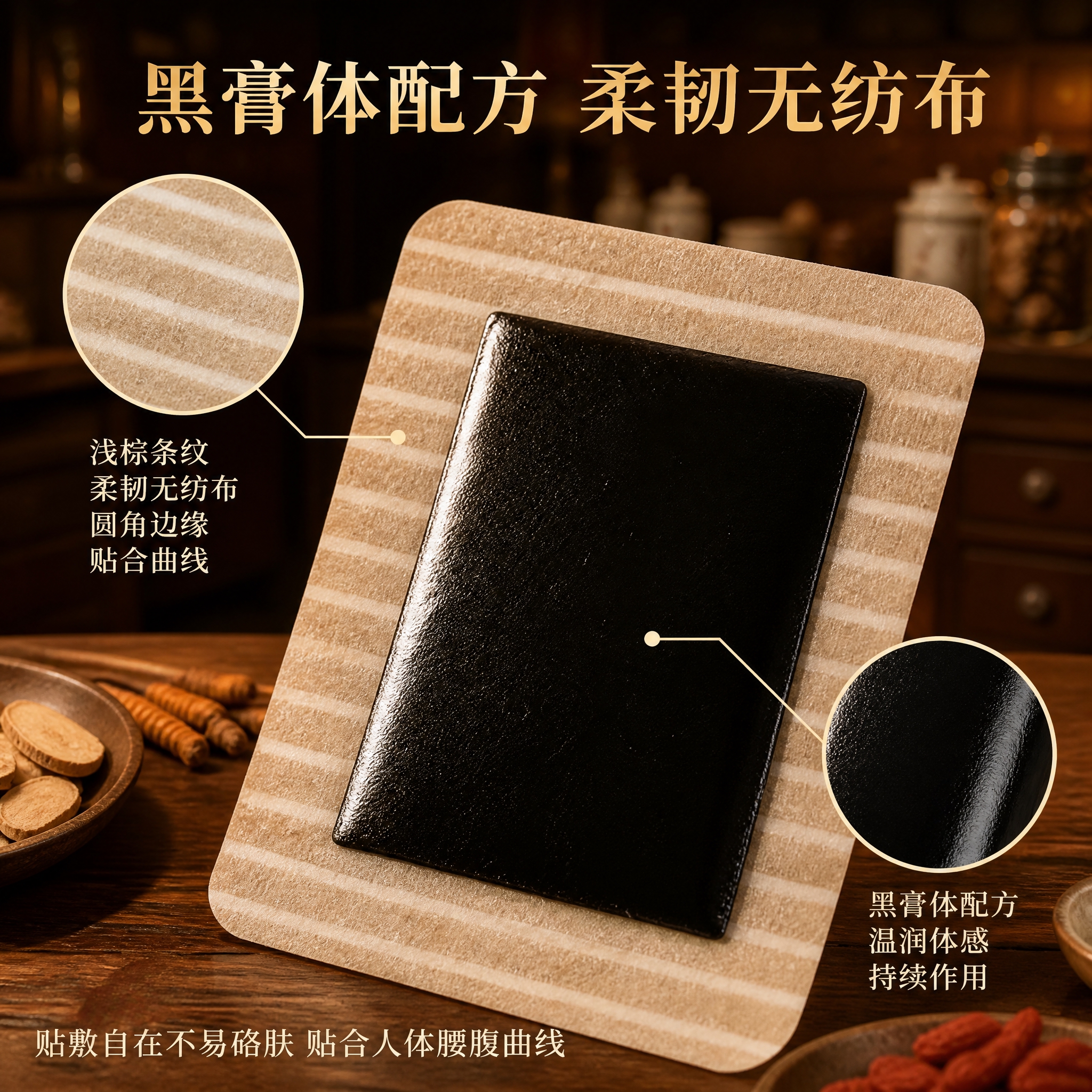 淘宝电商主图第三张，1:1比例，仲医筋骨贴材质细节特写图。画面… - 图片创意预览
