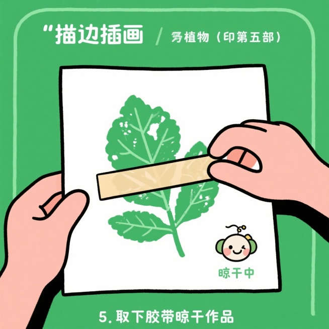 1.将植物浸泡在水（或盐水）中约20分钟
2.拿出浸泡好的植物擦干，摆在需要拓染的纸上
3.用胶带将植物固定在纸上
4.用橡胶锤均匀敲打
5.取下胶带晾干作品，每一步生成一张图预览效果