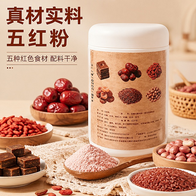[主图-1] 五红粉产品首图场景展示，将罐装五红粉融入温馨餐桌场景，突出食欲感。[氛围风格] 暖调简约干净的拼多多电商风格，直白大字突出卖点。[画质] 商业摄影质感、光线柔和通透、产品清晰真实、画面干净高级。[元素] 白色桶身五红粉产品居中展示，商品主体占比约70%，产品周围搭配五种红色原材料：红糖块、红枣、枸杞子、红皮花生、红米，勺子舀出细腻粉色五红粉放置产品前方。保持五红粉产品外观、物理结构、材质质感、颜色与输入产品图绝对一致，杜绝任何变形和色差，精细化处理。整体画面满屏无边框，背景为浅暖米色餐桌台面。[光影] 自然柔和暖光，主光从左前方打来，食材和产品有柔和高光，暗部有层次，整体通透不灰蒙。[配色] 主色调浅暖米，搭配红色系食材点缀，红棕色文字突出对比。[视角构图] 平视构图，主体居中，景深适中，产品完整不裁切。[文字版式] 左上负空间左对齐留安全边距，主文案大字“真材实料五红粉”使用红棕色粗体无衬线字体，下方辅助文案小字“五种红色食材 配料干净”，文字清晰不遮挡产品主体。[输出要求] 1:1 比例，文字清晰可辨，超高清商业摄影质感。[负向提示词] 变形，文字错乱，产品图模糊，背景杂乱，水印，电商平台Logo，功效暗示，名牌名称。