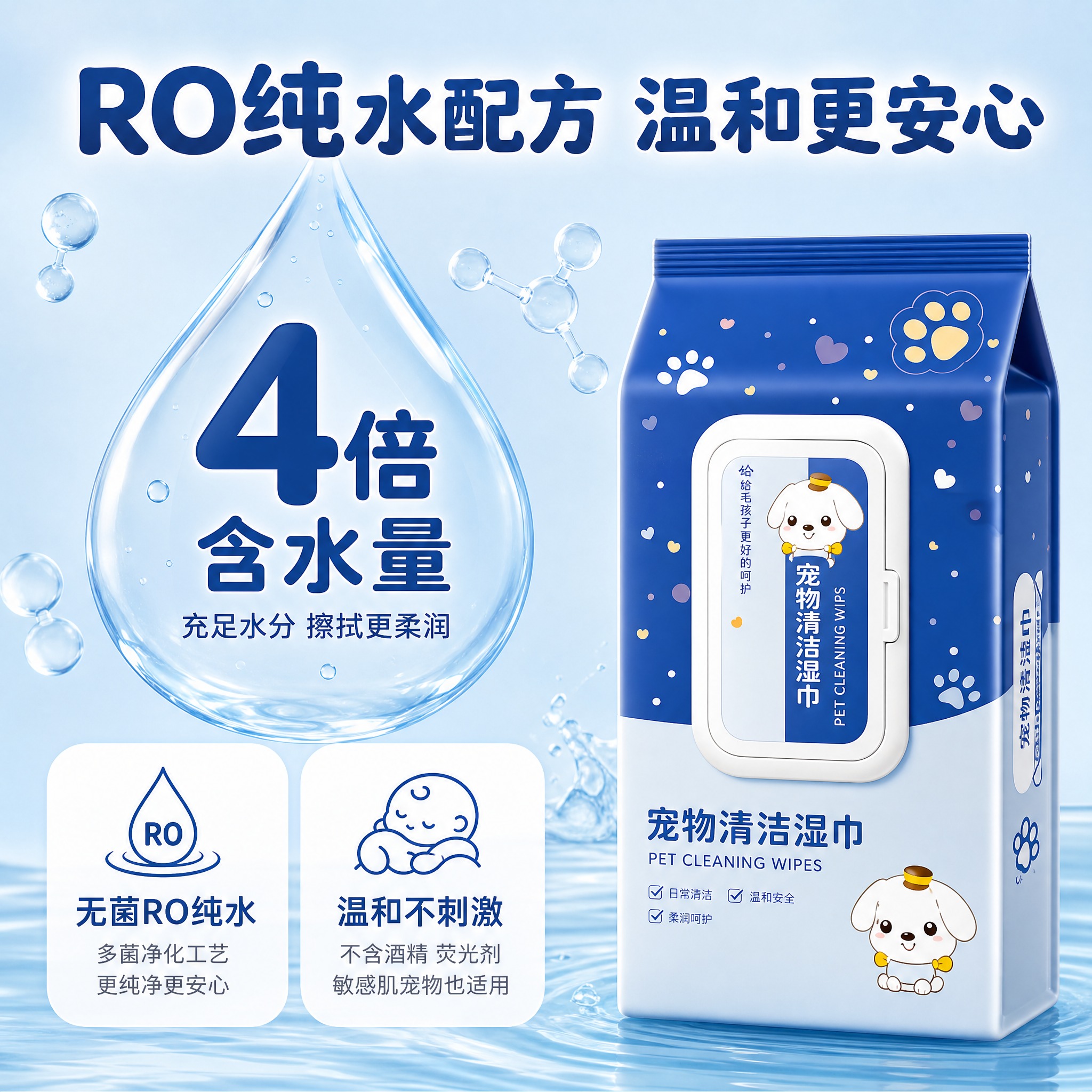 [主图-3] 宠物清洁湿巾成分安全与含水量卖点图，突出RO纯水… - 图片创意预览