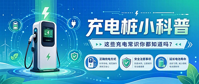 微信公众号首图，充电桩科普主题海报，扁平插画风格，科技感清新蓝绿配色。画面左侧为一个现代简约风格的充电桩插画，充电桩上方有绿色能量光束和闪电符号，周围环绕着电池、插头、能量环等科技元素装饰。画面右侧为文字区域，大字号主标题"充电桩小科普"，下方副标题"这些充电常识你都知道吗？"，底部排列三个信息标签："正确充电方式"、"安全注意事项"、"延长电池寿命"，每个标签配有简约小图标。背景为渐变蓝绿色，带有淡淡的网格线和科技感光点装饰。整体画面版式精美，信息层级分明，左右分栏布局，留白适当，风格统一，适合作为公众号封面使用。画面中所有信息区域必须填充完整合理的内容，不得出现空白框或占位。
